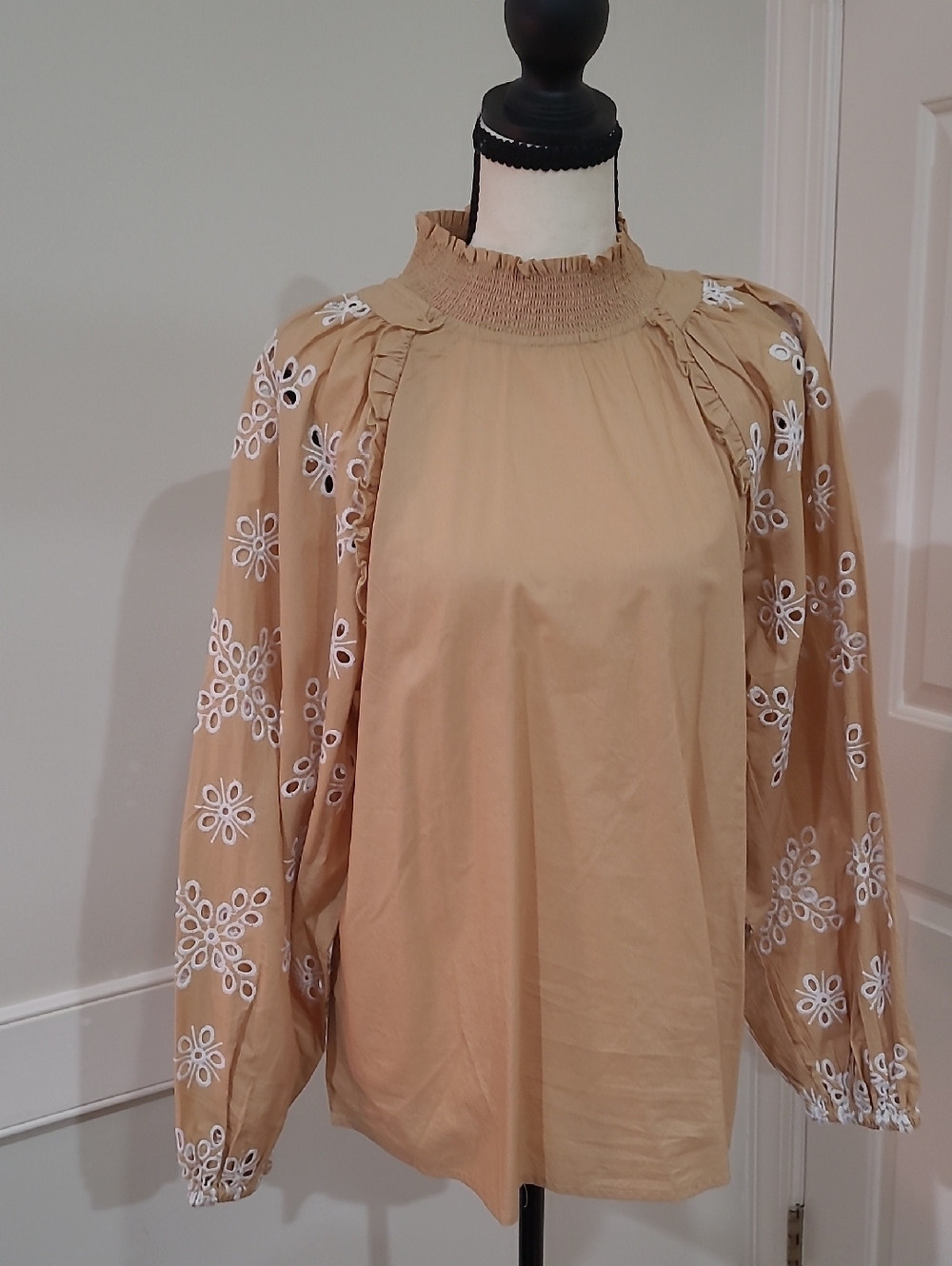 Mud Pie Embroidered Balloon Sleeve Smocked Neck Top - Tan
